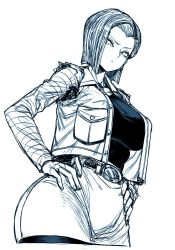 Rule 34 | 1girl, android 18, breasts, collarbone, cowboy shot, curvy, dragon ball, dragonball z, female focus, hip focus, jacket, large breasts, long sleeves, monochrome, open mouth, pantyhose, pencil skirt, shirt, short hair, skirt, solo, spacezin