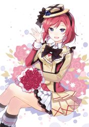 Rule 34 | 10s, 1girl, :d, apring, bad id, bad pixiv id, black ribbon, blush, bouquet, bow, crossed legs, floral background, flower, hat, headband, kneehighs, long hair, looking at viewer, love live!, love live! school idol festival, love live! school idol project, mini hat, mini top hat, nishikino maki, open mouth, parted bangs, purple eyes, red hair, ribbon, short hair, sitting, skirt, smile, socks, solo, top hat, waving