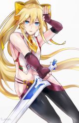 Rule 34 | 1boy, black pants, blazblue, blazblue: central fiction, blonde hair, blue eyes, bow, cosplay, crossdressing, embarrassed, fingerless gloves, gloves, guilty gear, guilty gear xrd, hair between eyes, hair bow, halterneck, halterneck, itou (t oron), ky kiske, long hair, looking at viewer, lowleg, lowleg pants, mai natsume, mai natsume (cosplay), male focus, navel, open mouth, pants, ponytail, revealing clothes, ribbon, salute, simple background, solo, sweat, sword, trap, weapon, yellow bow