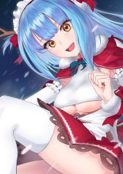 Rule 34 | 1girl, absurdres, alternate costume, antlers, azur lane, blue hair, blunt bangs, blush, bow, breasts, capelet, christmas, clothing cutout, detached sleeves, earmuffs, fake antlers, fur-trimmed capelet, fur trim, hair bow, highres, horns, large breasts, long hair, long sleeves, looking at viewer, maid headdress, mistletoe, monegi, neptune (azur lane), neptune (princess of the reindeers) (azur lane), red bow, red capelet, red skirt, reindeer antlers, shirt, skirt, smile, snowing, solo, thighhighs, thighs, two side up, underboob, underboob cutout, white shirt, white sleeves, white thighhighs, yellow eyes