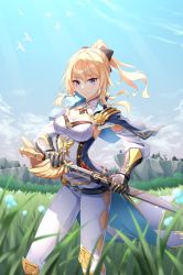 Rule 34 | 1girl, absurdres, blue capelet, blue eyes, blue sky, breasts, capelet, cleavage, closed mouth, cloud, coattails, detached collar, gauntlets, genshin impact, grass, high ponytail, highres, holding, holding sword, holding weapon, huge filesize, jean (genshin impact), medium breasts, multicolored capelet, outdoors, pants, ponytail, rock, sheath, sidelocks, sky, smile, solo, star-ring, sword, tight clothes, unsheathing, weapon, white pants