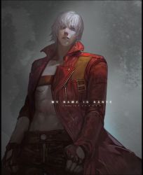 Rule 34 | 1boy, abs, capcom, coat, dante (devil may cry), denim, devil may cry (series), devil may cry 3, elna, fingerless gloves, gloves, hair over one eye, jeans, lips, long sleeves, male focus, open clothes, overcoat, pants, short hair, silver hair, solo