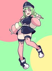 Rule 34 | 1girl, black hat, black skirt, blunt bangs, borrowed character, breasts, dated, full body, green hair, hanami (bourbunbun), hand up, hat, highres, janvarovich, large breasts, long sleeves, looking at viewer, multicolored hair, open mouth, original, pink thighhighs, shoes, skirt, smile, solo, standing, thighhighs