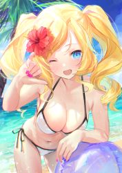 Rule 34 | 1girl, ;d, ball, bare arms, bare shoulders, beach, beachball, bikini, blonde hair, blue eyes, blush, breasts, cleavage, collarbone, day, drill hair, fingernails, flower, hair flower, hair ornament, halterneck, honolulu (kancolle), kantai collection, large breasts, long hair, nail polish, ocean, one eye closed, open mouth, ouri (aya pine), pink nails, red flower, revision, shaka sign, side-tie bikini bottom, smile, solo, string bikini, swimsuit, twin drills, twintails, white bikini