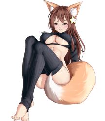 Rule 34 | 1girl, animal ear fluff, animal ears, annytf, artist name, barefoot, blush, borrowed character, breasts, brown eyes, brown hair, cleavage, cleavage cutout, clothing cutout, commentary, english commentary, fox ears, fox girl, fox tail, grin, hair ornament, highres, indie virtual youtuber, leaning back, long sleeves, looking at viewer, medium breasts, midriff, original, simple background, smile, solo, star (symbol), star hair ornament, steeb, stirrup legwear, tail, thighhighs, toeless legwear, turtleneck, underboob, virtual youtuber, white background