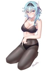 Rule 34 | 1girl, absurdres, bare arms, bare shoulders, black bra, black hairband, black panties, black pantyhose, blue hair, blush, bra, breasts, cleavage, collarbone, commentary, eula (genshin impact), genshin impact, hair between eyes, hair ornament, hairband, highres, kumapako, large breasts, looking at viewer, medium hair, no shoes, panties, panties under pantyhose, pantyhose, seiza, simple background, sitting, solo, stomach, thighband pantyhose, thighs, underwear, white background, yellow eyes