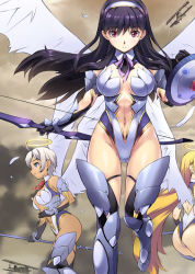 Rule 34 | 3girls, aircraft, airplane, angel, angel wings, armor, black gloves, black hair, blonde hair, blue eyes, boots, bow (weapon), breasts, feathered wings, feathers, gauntlets, gloves, greaves, hairband, halo, highleg, large breasts, long hair, multiple girls, navel, red eyes, shield, short hair, silver hair, thigh boots, thighhighs, uchiu kazuma, very long hair, weapon, wings