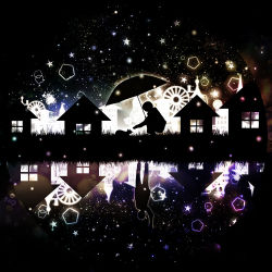 Rule 34 | 1boy, abstract background, cat, from side, harada miyuki, looking at another, night, outdoors, sky, star (sky), star (symbol), starry sky, tagme, umbrella, upside-down