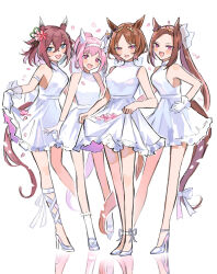 Rule 34 | 4girls, :d, absurdres, alternate costume, animal ears, bare shoulders, brown hair, cherry blossoms, clothes lift, dress, dress lift, ear covers, flower, flower in eye, gloves, gold hairband, hair between eyes, hair flower, hair ornament, hairband, haru urara (umamusume), high heels, highres, horse ears, horse girl, horse tail, kumo (mokumoku warabi), lifted by self, long hair, looking at viewer, multiple girls, open mouth, parted bangs, petals, pink eyes, pink hair, ponytail, purple eyes, purple hair, sakura bakushin o (umamusume), sakura chiyono o (umamusume), sakura laurel (umamusume), sidelocks, simple background, sleeveless, sleeveless dress, smile, swept bangs, symbol in eye, tail, tareme, trait connection, tsurime, umamusume, victory club (umamusume), white background, white dress, white footwear, white gloves, white hairband