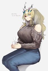 Rule 34 | 1girl, blonde hair, blue eyes, blue pants, breasts, clothing cutout, coffee mug, contemporary, cup, denim, earrings, barghest (fate), fate/grand order, fate (series), grey sweater, heterochromia, horns, jeans, jewelry, large breasts, long hair, long sleeves, looking at viewer, mug, pants, ponytail, red eyes, ribbed sweater, shoulder cutout, sitting, solo, sweater, tan (inka), thighs, translation request, turtleneck, turtleneck sweater
