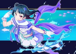Rule 34 | 1girl, aqua footwear, artist name, artist request, blue hair, blush, bow, breasts, cleavage, dress, earrings, female focus, fish, floating hair, full body, gloves, gnbnys, hair bun, hair ornament, jewelry, koi ni naritai aquarium, long hair, looking at viewer, love live!, love live! school idol project, love live! sunshine!!, midriff, monocle, navel, ocean, outstretched arms, parted lips, purple eyes, side bun, single hair bun, skirt, smile, solo, standing, standing on one leg, star (symbol), star hair ornament, star print, tsushima yoshiko, water, white detached collar, white dress, white gloves, white legwear, white skirt