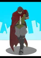 Rule 34 | 1boy, arm behind back, belt, blue ribbon, boots, bowing, brown hair, cape, closed mouth, facial hair, fate/grand order, fate (series), full body, goatee, green tabard, hector (fate), highres, knee pads, male focus, mogula71, pants, ponytail, red cape, ribbon, short sleeves, solo, tabard, translation request, twitter username, white pants