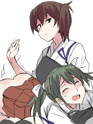 Rule 34 | 10s, 2girls, blush, japanese clothes, kaga (kancolle), kantai collection, long hair, multiple girls, open mouth, personification, side ponytail, spanking, tears, thighhighs, twintails, ulrich (tagaragakuin), yuri, zuikaku (kancolle)