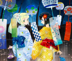 Rule 34 | 2girls, black hair, blonde hair, blue ribbon, blush, chimecho, closed mouth, commentary, creatures (company), english commentary, floral print, flower, game freak, gen 3 pokemon, hair flower, hair ornament, holding, horocca, japanese clothes, kimono, lillie (pokemon), long hair, looking at viewer, looking back, multiple girls, nintendo, pokemon, pokemon (creature), pokemon sm, ponytail, red ribbon, ribbon, selene (pokemon), short hair, smile, water balloon, wind chime, yukata