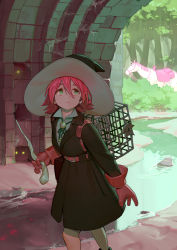 Rule 34 | 1girl, belt, brown gloves, commentary, frown, gloves, glowing, green eyes, hair between eyes, hat, highres, holding, horse, looking at viewer, mane, mountain, original, red hair, revision, saddle, short hair, timbougami, tree, witch