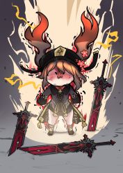 Rule 34 | 1girl, :3, anger vein, angry, aura, black hair, black shorts, chibi, chinese clothes, claymore (sword), commentary request, flower, furious, genshin impact, greatsword, hair between eyes, hat, hat flower, hat ornament, hatoboshi, highres, hu tao (genshin impact), long hair, long sleeves, looking at viewer, shorts, sidelocks, simple background, solo, sword, trembling, twintails, wind