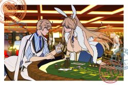 Rule 34 | 1boy, 1girl, animal ears, arthur pendragon (fate), artoria pendragon (all), artoria pendragon (fate), artoria pendragon (swimsuit ruler) (fate), bare shoulders, bent over, blonde hair, blue neckwear, blue pantyhose, breasts, card, casino, cleavage, commentary request, detached collar, fake animal ears, fate/grand order, fate (series), fur, green eyes, hair between eyes, hanging breasts, highres, indoors, jacket, large breasts, leaning forward, leotard, long hair, necktie, pants, pantyhose, playboy bunny, playing card, poker chip, poker table, ponytail, postcard, rabbit ears, short hair, sidelocks, slot machine, standing, table, ultra asuka, white jacket, white pants