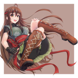 Rule 34 | 1girl, ahoge, black gloves, bodysuit, bodysuit under clothes, boots, breasts, brown eyes, brown footwear, brown hair, cross-laced footwear, fingerless gloves, full body, gloves, hair between eyes, hairband, hand on own knee, headband, japanese clothes, knee boots, kunai, lace-up boots, long hair, lying, obi, on back, open mouth, original, outside border, sash, simple background, smile, solo, tan background, toriatto gununu, unitard, very long hair, weapon