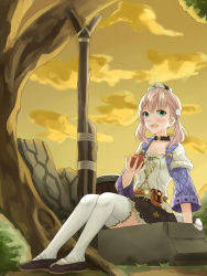 Rule 34 | 10s, 1girl, apple, atelier (series), atelier escha &amp; logy, bad id, bad pixiv id, escha malier, female focus, food, fruit, green eyes, hair ornament, highres, holding, holding food, holding fruit, hrch72, open mouth, outdoors, pink hair, sitting, skirt, solo, thighhighs, twintails, white thighhighs