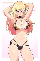 Rule 34 | 1girl, absurdres, armpits, arms up, bikini, black bikini, blonde hair, blush, breasts, closed mouth, dashi (dashiart), ear piercing, earrings, floral print, gluteal fold, gradient hair, heart, highres, jewelry, kitagawa marin, large breasts, long hair, looking at viewer, mole, mole on crotch, multicolored hair, navel, necklace, one eye closed, piercing, red eyes, skindentation, smile, solo, sono bisque doll wa koi wo suru, standing, swimsuit, tan, tanline