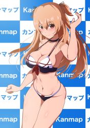 Rule 34 | 1girl, absurdres, adapted costume, bikini, black bikini, breasts, checkered background, cleavage, collarbone, commentary request, cowboy shot, highres, kantai collection, light brown hair, long hair, looking at viewer, medium breasts, murasame (kancolle), murasame kai ni (kancolle), navel, red eyes, smile, solo, swimsuit, two side up, unakyu