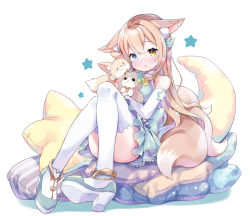 Rule 34 | 1girl, amimi, animal ear fluff, animal ears, blue eyes, blue flower, commission, crescent, dot nose, elbow gloves, flower, fox ears, fox girl, fox tail, garter belt, gloves, heterochromia, highres, holding, holding stuffed toy, light brown hair, long hair, looking at viewer, multiple tails, original, parted lips, pillow, platform footwear, platform heels, polka dot pillow, simple background, sitting, sitting on pillow, skeb commission, solo, star (symbol), star-shaped pillow, striped pillow, stuffed fox, stuffed toy, tail, thighhighs, thighs, white background, white gloves, white thighhighs, yellow eyes