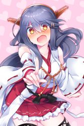 Rule 34 | 1girl, :o, bare shoulders, blush, boots, brown eyes, detached sleeves, embarrassed, grey hair, hair between eyes, hair ornament, hairclip, haruna (kancolle), headgear, highres, index finger raised, kantai collection, long hair, looking at viewer, nontraditional miko, red skirt, skirt, solo, thigh boots, thighhighs, tsukui kachou