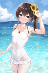 Rule 34 | 1girl, absurdres, ahoge, aqua eyes, arm up, armpits, bare arms, bare shoulders, blue sky, blush, breasts, brown hair, casual one-piece swimsuit, cloud, collarbone, covered navel, cowboy shot, day, flower, hair between eyes, hair flower, hair ornament, highres, hololive, jewelry, lens flare, long hair, natsuiro matsuri, necklace, ocean, one-piece swimsuit, outdoors, parted lips, sidelocks, sky, small breasts, smile, solo, strapless, strapless one-piece swimsuit, sunflower, sunflower hair ornament, sunflower petals, swimsuit, thigh strap, utekiro, virtual youtuber, water, white one-piece swimsuit