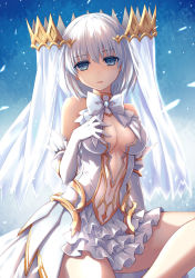 Rule 34 | 1girl, blue eyes, breasts, bright pupils, cleavage, cleavage cutout, clothing cutout, covered navel, date a live, dress, elbow gloves, fish.boy, gloves, hand on own chest, headgear, highres, looking at viewer, medium breasts, navel, parted lips, see-through, short hair, sitting, solo, tobiichi origami, veil, white dress, white gloves, white hair