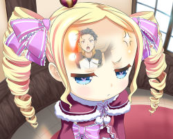 Rule 34 | &gt;:&lt;, &gt;:o, 10s, 1boy, 1girl, :&lt;, :o, age difference, anger vein, beatrice (re:zero), big forehead, blonde hair, blue eyes, bow, bug, butterfly, butterfly-shaped pupils, caplet, closed mouth, crown, drill hair, fisheye, forehead, fur trim, hair ribbon, half-closed eyes, indoors, insect, kanmimi, long hair, mini crown, natsuki subaru, open mouth, pom pom (clothes), re:zero kara hajimeru isekai seikatsu, reflection, ribbon, sweatdrop, symbol-shaped pupils, teenage boy and younger girl, track suit, twin drills, v-shaped eyebrows, window