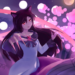 Rule 34 | 1girl, :d, animal ears, dress, fingernails, full moon, imaizumi kagerou, long fingernails, looking at viewer, moon, nail polish, neckerchief, night, open mouth, red eyes, red nails, sharp fingernails, sky, smile, star (sky), starry sky, street dog, touhou, wolf ears