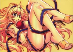 Rule 34 | 1girl, absurdres, ass, bikini, black eyes, blonde hair, blush, breasts, feet, freezing (series), glasses, hairband, high heels, highres, large breasts, legs, long hair, looking down, open mouth, open shoes, sandals, satellizer el bridget, simple background, solo, soo-hyon lee, swimsuit, thighs, toes, yellow background