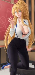 Rule 34 | 1girl, alternate costume, artoria pendragon (fate), artoria pendragon (lancer) (fate), black bra, black pants, blonde hair, blue footwear, bra, bra visible through clothes, braid, breasts, cleavage, collared shirt, crown, dress shirt, fate/grand order, fate (series), french braid, green eyes, hair between eyes, high-waist pants, high heels, high ponytail, highres, indoors, large breasts, long hair, open clothes, open shirt, pants, see-through, shirt, sidelocks, sleeves rolled up, smile, suspenders, table, underwear, waving, white shirt, zaphn