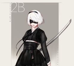 Rule 34 | 1girl, arms at sides, artist name, black dress, black ribbon, blindfold, breasts, character name, closed mouth, commentary, copyright name, covered eyes, dress, hair over one eye, hanbok, holding, holding sword, holding weapon, katana, korean clothes, lips, long sleeves, mole, mole under mouth, nier (series), nier:automata, pink lips, print dress, reagan, ribbon, sash, short hair, solo, standing, sword, upper body, weapon, white hair, 2b (nier:automata)