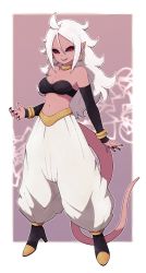 Rule 34 | 1girl, :d, ahoge, android 21, arms at sides, black bra, black footwear, black nails, black sclera, border, bra, colored sclera, colored skin, detached sleeves, dragon ball, dragon ball super, earclip, earrings, fingernails, full body, hair between eyes, high heels, highres, hoop earrings, jewelry, lamb-oic029, looking at viewer, majin android 21, midriff, nail polish, navel, open mouth, outside border, pink background, pink skin, pointy ears, puffy pants, red eyes, smile, solo, strapless, tail, tube top, underwear, white border, white hair