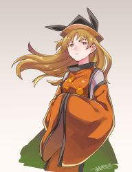 Rule 34 | 1girl, black hat, blonde hair, breasts, circle, closed mouth, constellation, constellation print, dated, detached sleeves, eyebrows, facing away, floating hair, frown, gradient background, green skirt, hat, highres, long hair, long skirt, long sleeves, looking away, matara okina, medium breasts, own hands together, shikido (khf), shirt, signature, skirt, solo, tabard, touhou, triangle, white shirt, wide sleeves, yellow eyes