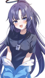 Rule 34 | 1girl, absurdres, black shirt, blue archive, blue jacket, blush, clothes pull, facial mark, halo, highres, id card, jacket, jacket pull, lanyard, long hair, looking at viewer, mechanical halo, official alternate costume, open mouth, partially unzipped, ponytail, purple eyes, purple hair, shinzousan, shirt, short sleeves, smile, solo, star (symbol), track jacket, upper body, yuuka (blue archive), yuuka (track) (blue archive)