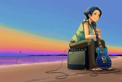 Rule 34 | amplifier, beach, blue eyes, blue hair, bowieknife, cable, guitar, instrument, sandals, short hair, sitting, solo