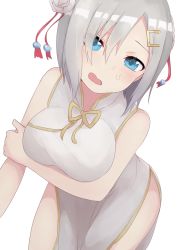 Rule 34 | 10s, 1girl, alternate costume, blue eyes, china dress, chinese clothes, dress, hair ornament, hair over one eye, hairclip, hamakaze (kancolle), highres, ichijou (kr neru0), kantai collection, short hair, silver hair, solo