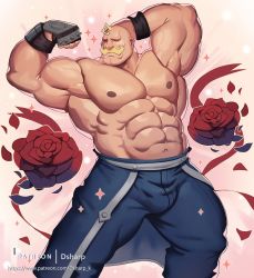 Rule 34 | 1boy, abs, alex louis armstrong, amestris military uniform, artist name, bald, bara, blonde hair, bulge, dsharp, facial hair, feet out of frame, flexing, flower, fullmetal alchemist, gauntlets, highres, large pectorals, male focus, manly, military, military uniform, muscular, mustache, navel, nipples, paid reward available, patreon username, pectorals, petals, rose, rose petals, solo, sparkle, thick thighs, thighs, topless male, uniform