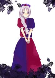 Rule 34 | 1girl, cross print, dress, female focus, flower, hair over shoulder, hat, long hair, looking at viewer, nurse cap, own hands together, puffy short sleeves, puffy sleeves, short sleeves, simple background, solo, standing, touhou, v arms, white background, yagokoro eirin