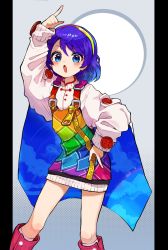Rule 34 | 1girl, :o, arm up, belt, blue eyes, blue hair, boots, feet out of frame, hairband, highres, howhow notei, letterboxed, long sleeves, looking at viewer, open mouth, pointing, purple hair, red footwear, short hair, solo, tenkyuu chimata, touhou