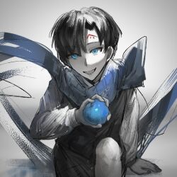 Rule 34 | 1boy, black hair, black shorts, black vest, blue apple, blue scarf, demian (project moon), facial mark, food, forehead mark, fruit, holding, holding food, holding fruit, knee up, limbus company, male focus, open mouth, project moon, s661479361148, scarf, shorts, smile, solo, vest