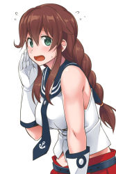 Rule 34 | 10s, 1girl, blush, braid, breasts, brown hair, commentary request, flying sweatdrops, gloves, green eyes, kantai collection, large breasts, long hair, looking at viewer, noshiro (kancolle), open mouth, school uniform, serafuku, skirt, sleeveless, solo, sweat, sweatdrop, twin braids, white gloves, youkan