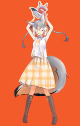 Rule 34 | 1girl, absurdres, animal ear fluff, animal ears, boots, cross-laced footwear, highres, island fox (kemono friends), kemono friends, kemono friends v project, lace-up boots, long hair, looking at viewer, microphone, necktie, open mouth, rascala39, ribbon, shirt, silver hair, simple background, skirt, smile, solo, standing, tail, twintails, virtual youtuber