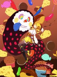 Rule 34 | 10s, 1girl, asahiyuhi, beret, blonde hair, boots, candy, charlotte (madoka magica), checkerboard cookie, cheese, cookie, corset, detached sleeves, doughnut, drill hair, fingerless gloves, food, gloves, hair ornament, hat, jelly bean, lollipop, magical girl, mahou shoujo madoka magica, mahou shoujo madoka magica (anime), puffy sleeves, striped clothes, striped thighhighs, sweets, swirl lollipop, swiss cheese, thighhighs, tomoe mami, twin drills, twintails, vertical-striped clothes, vertical-striped thighhighs, wrapped candy, zettai ryouiki