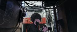 Rule 34 | 1boy, alley, bad id, bad twitter id, black hair, building, camera, commentary request, graffiti, highres, holding, holding camera, looking at viewer, male focus, mask, open mouth, original, short hair, solo, teru2307, wire