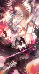 Rule 34 | 2girls, armor, armored dress, bare shoulders, black dress, blonde hair, breasts, chain, dress, dual wielding, closed eyes, fate/apocrypha, fate/grand order, fate (series), flag, from side, highres, holding, holding flag, holding sword, holding weapon, jeanne d&#039;arc (fate), jeanne d&#039;arc (ruler) (fate), jeanne d&#039;arc (third ascension) (fate), jeanne d&#039;arc alter (avenger) (fate), jeanne d&#039;arc alter (fate), looking at viewer, multiple girls, no-kan, open mouth, plackart, silver hair, smirk, sword, weapon, white dress, yellow eyes