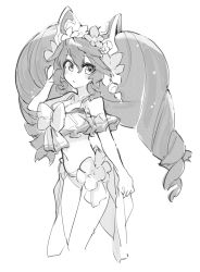 Rule 34 | 1girl, bikini, bow, breasts, cleo (dragalia lost), cropped legs, dragalia lost, greyscale, hair bow, highres, looking at viewer, medium breasts, monochrome, nikukaiq, official alternate costume, sarong, simple background, sketch, solo, swimsuit, twintails, white background