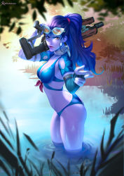 Rule 34 | 1girl, arm tattoo, artist name, bikini, blue bikini, breasts, choker, cleavage, colored skin, cote d&#039;azur widowmaker, cowboy shot, day, earrings, eva solo, eyewear on head, finger gun, floral print, from side, front-tie bikini top, front-tie top, gun, highres, holding, holding gun, holding weapon, hoop earrings, jewelry, lipstick, long hair, looking at viewer, looking to the side, makeup, medium breasts, navel, nose, official alternate costume, outdoors, overwatch, overwatch 1, pointing, pointing at viewer, purple hair, purple lips, purple skin, reeds, ribbon choker, rifle, short sleeves, signature, sniper rifle, solo, stream, sunglasses, swimsuit, tattoo, wading, weapon, wet, white choker, widowmaker (overwatch), yellow eyes